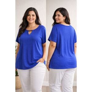 Coral Bay Womens 1X Royal Blue Top Short Sleeve Keyhole Neck Chain Detail NWT